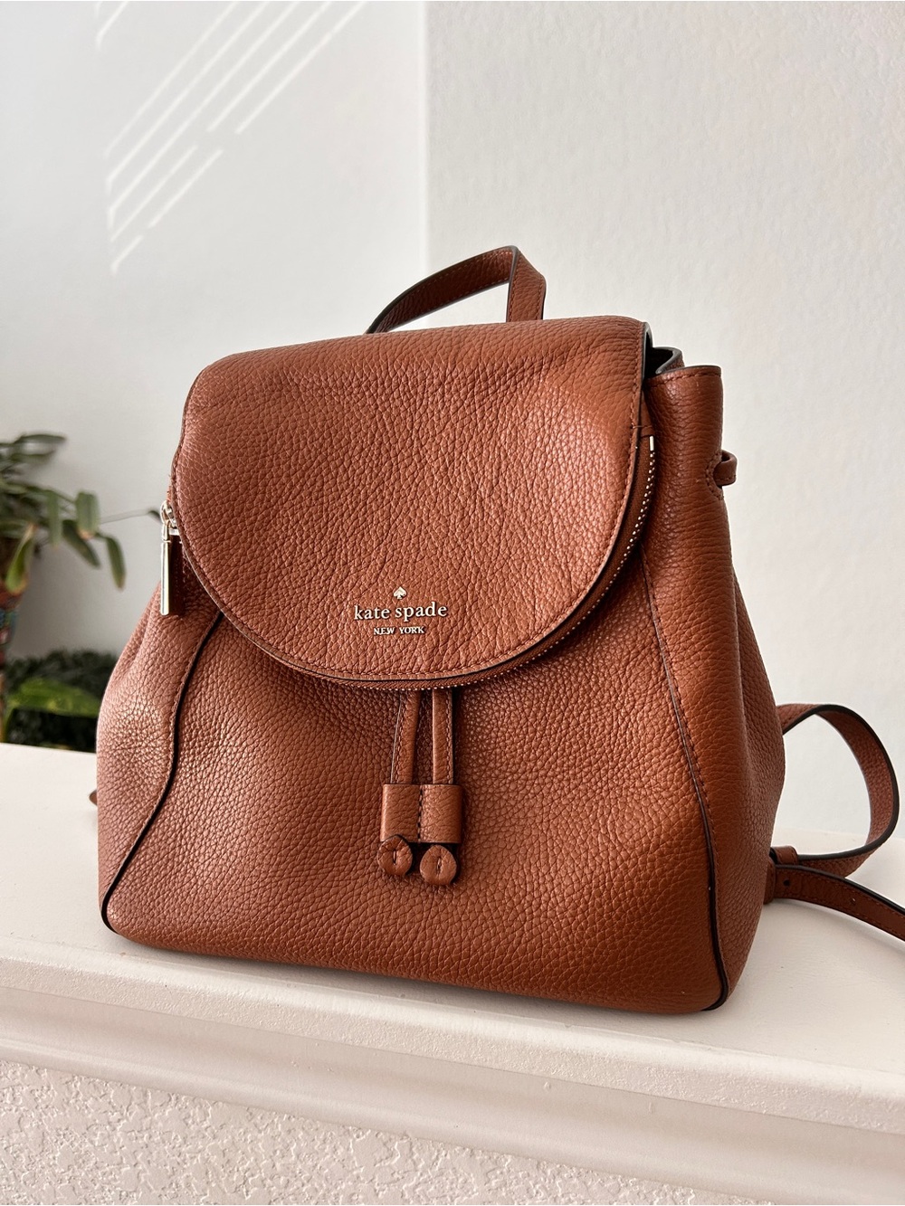 kate spade Pebbled Leather Backpack in Cognac Brown